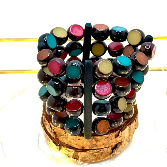 Vintage Natural Wood Bead Stretch Bracelet – Earthy Bohemian Style - Picture 2 of 5